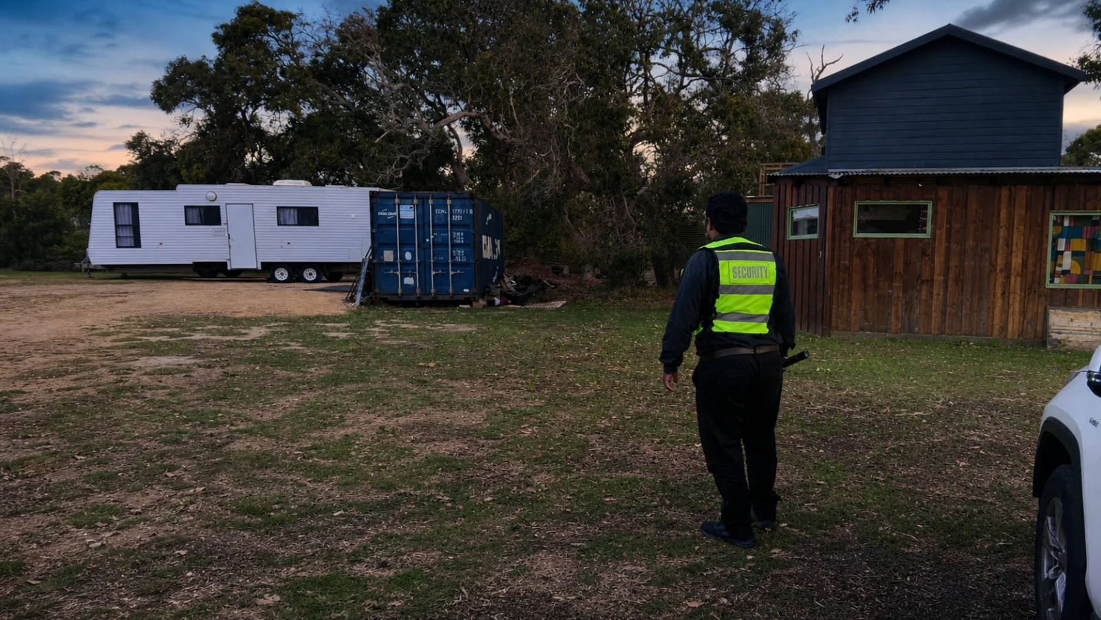 Westwide security officer inspecting a regional property at dusk