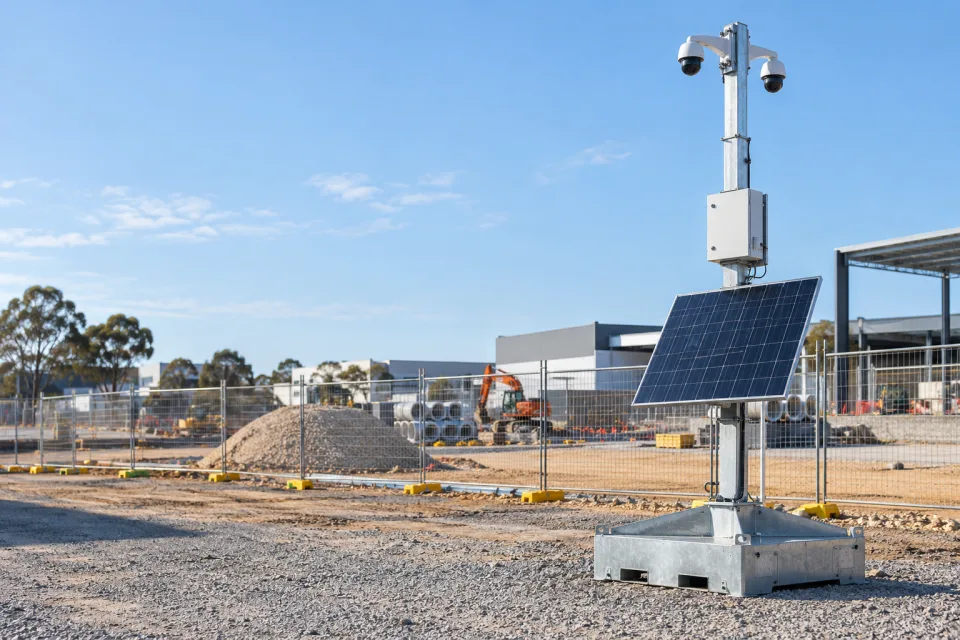 Illustrative portable solar CCTV unit at a Western Australian construction site